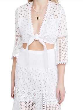 Temptation Positano Toluca Tie Front Eyelet Crop Top White: SZ Large